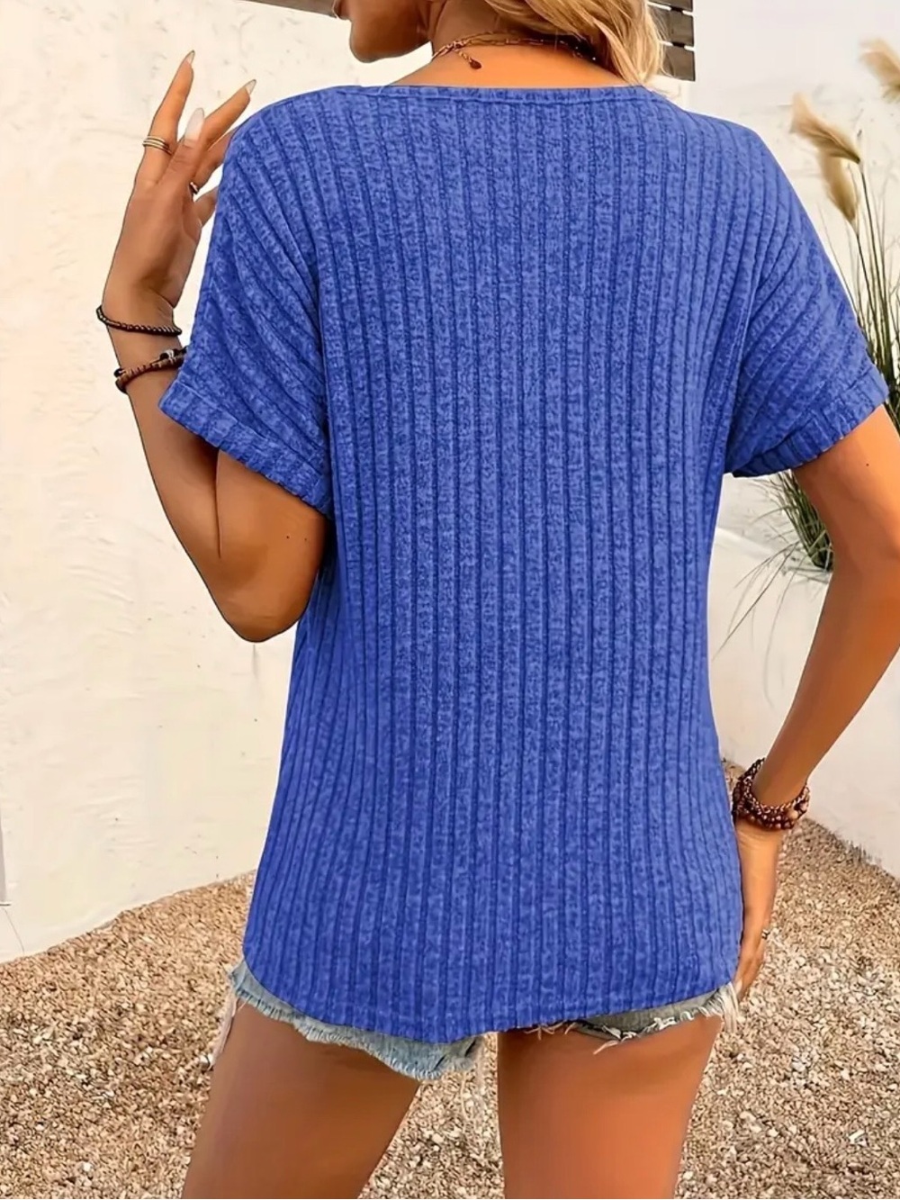 Blue Ribbed Short-Sleeve Henley Top - Picture 4 of 5